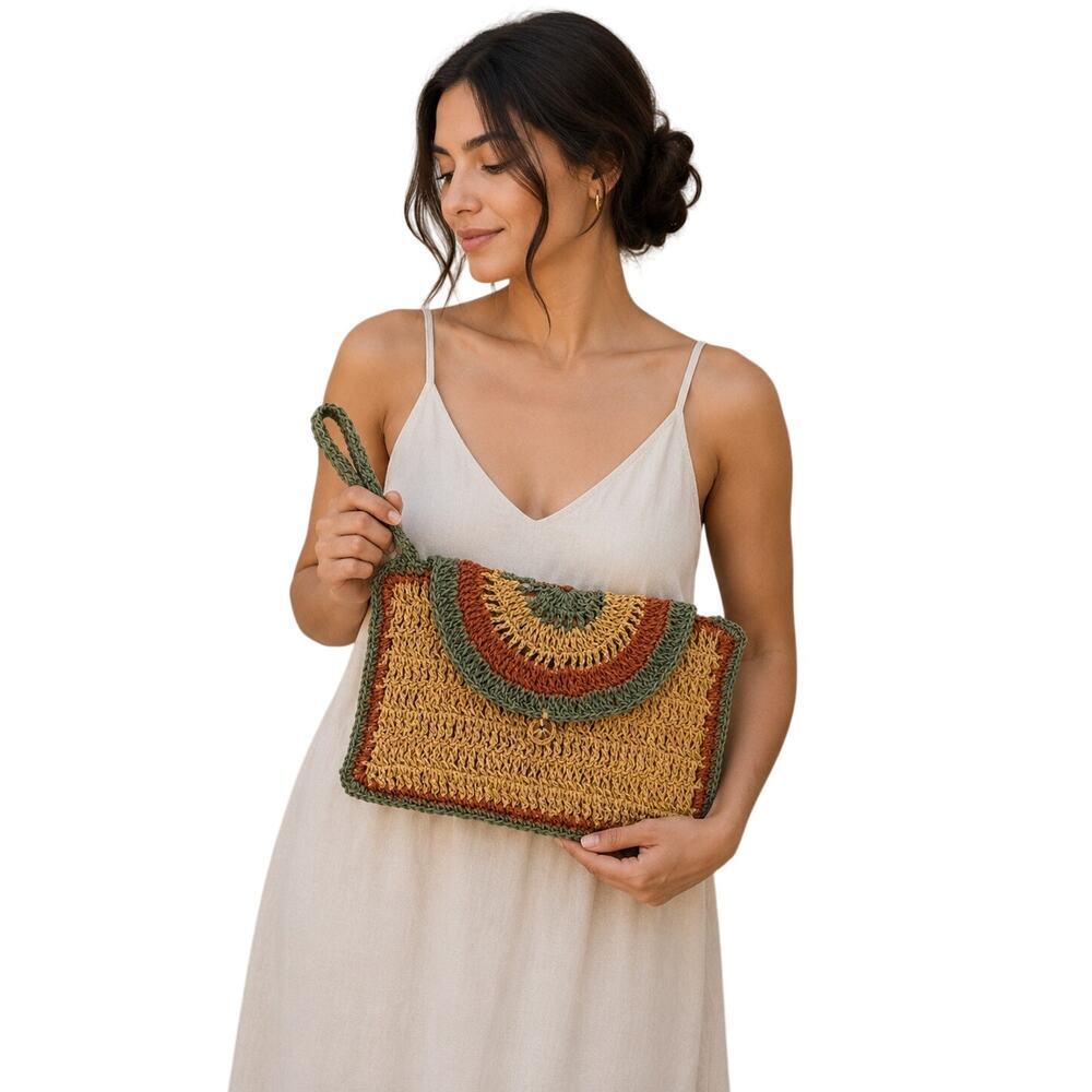 Handmade Boho Woven Clutch Bag Straw Knit Wristlet Beach Purse